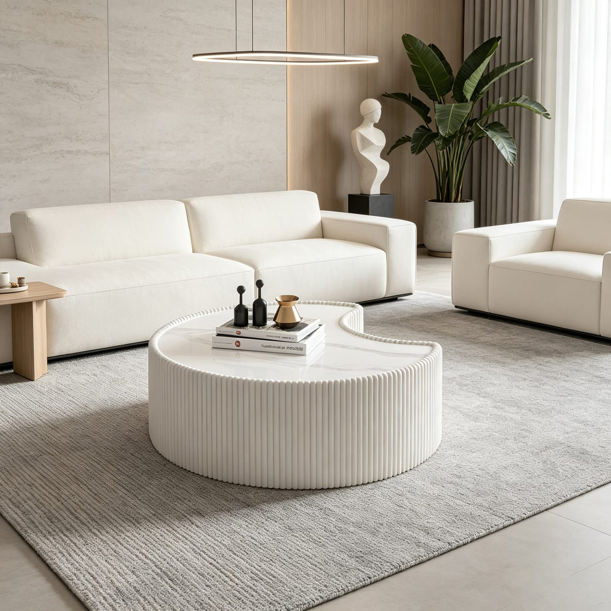 Light Sintered Stone Top Stylish Irregular Shape Leather Coffee Table - Cream White