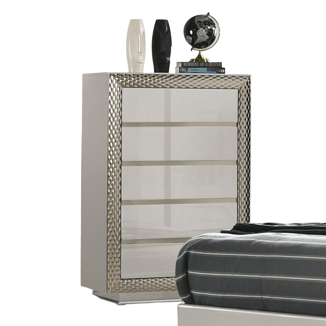 Gray 5-Drawer Chest - Glam Bedroom Dresser with Plinth Base