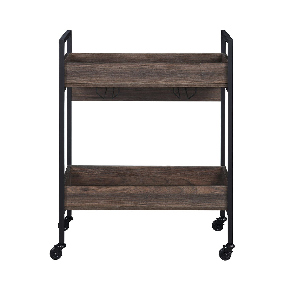 Rectangular Kitchen Cart with 2 Tier Shelf, Walnut and Black for Dining Room Storage