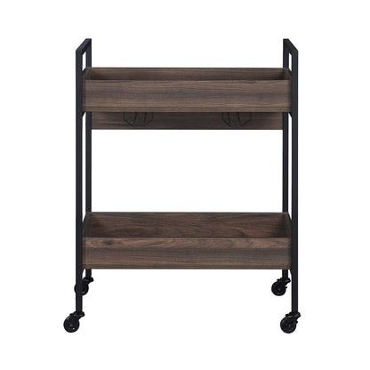 Rectangular Kitchen Cart with 2 Tier Shelf, Walnut and Black for Dining Room Storage