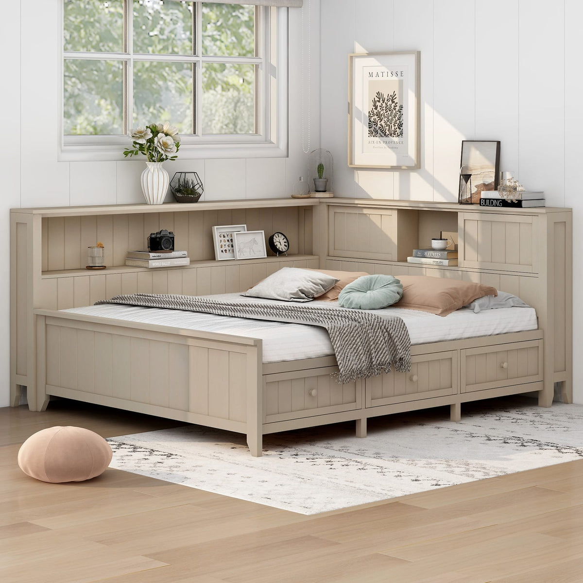 Full Size Wood Storage Bed Frame with Drawers and Shelves for Bedroom