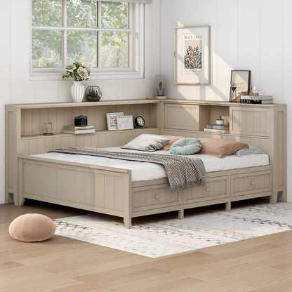 Full Size Wood Storage Bed Frame with Drawers and Shelves for Bedroom