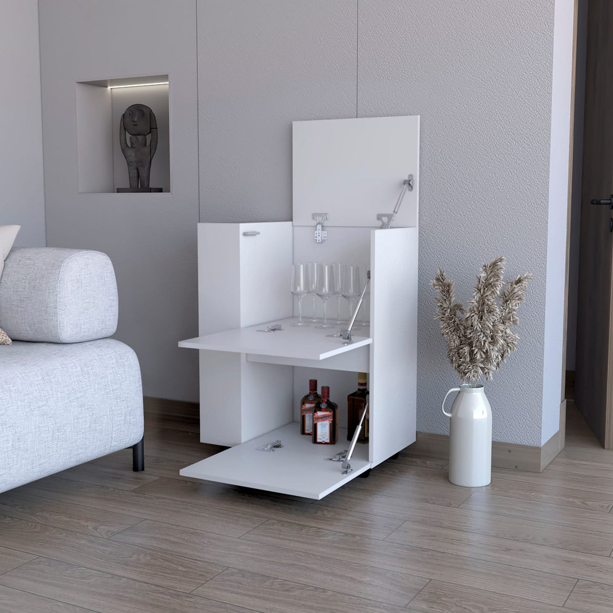 Modern White Wine Rack with 2 Cabinets & Wheels