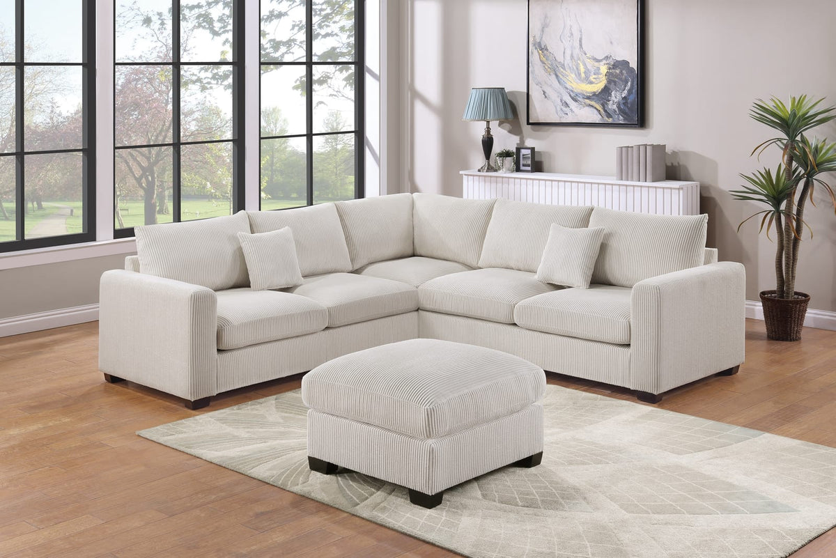 Ivory Corduroy L-Shaped Sofa - 5 Seat Sectional for Living Room