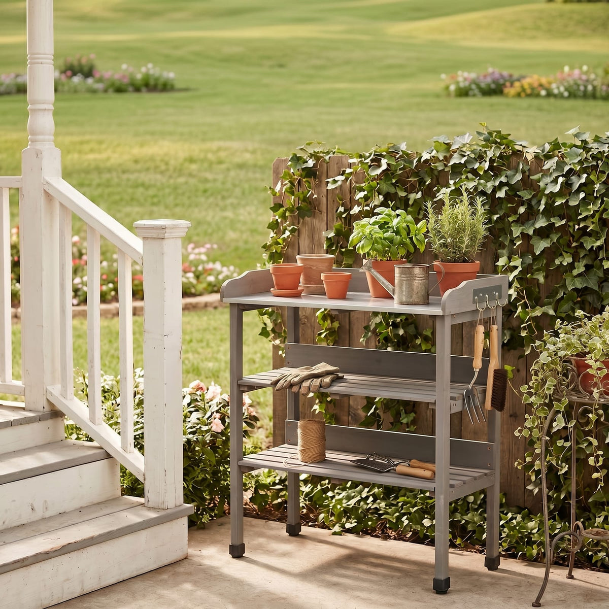 30" Grey Solid Wood Deck Box with Hooks