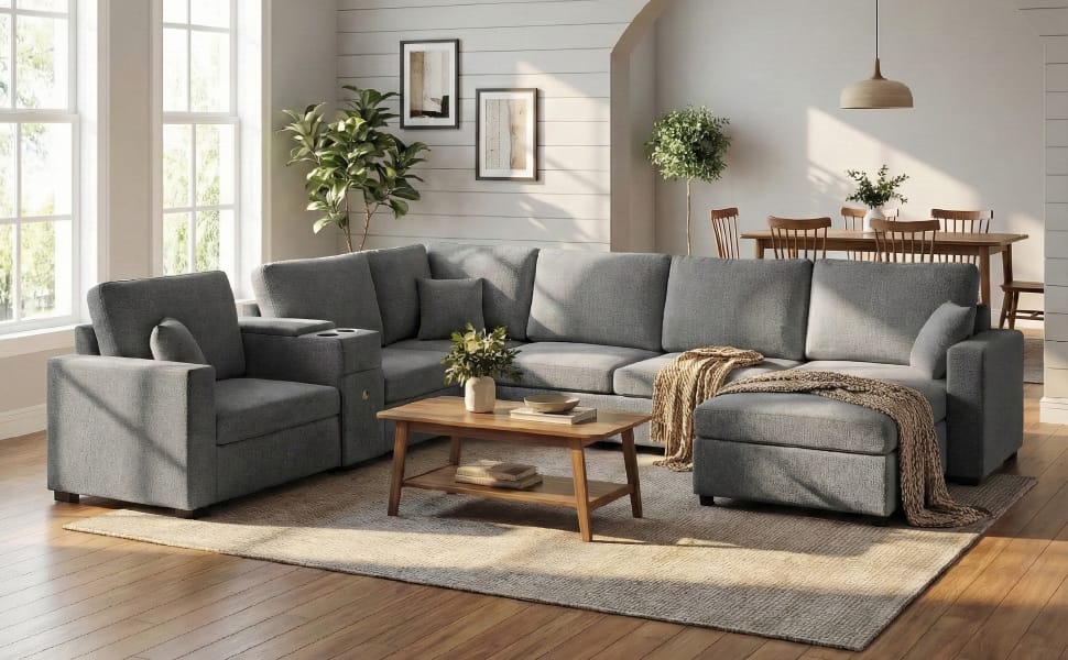 Grey 5 Seat Chenille Sectional Sofa - Primary Living Space