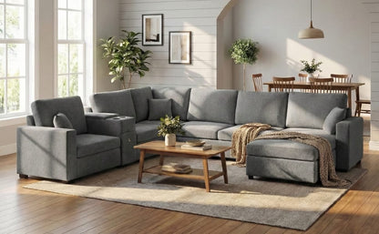 Grey 5 Seat Chenille Sectional Sofa - Primary Living Space