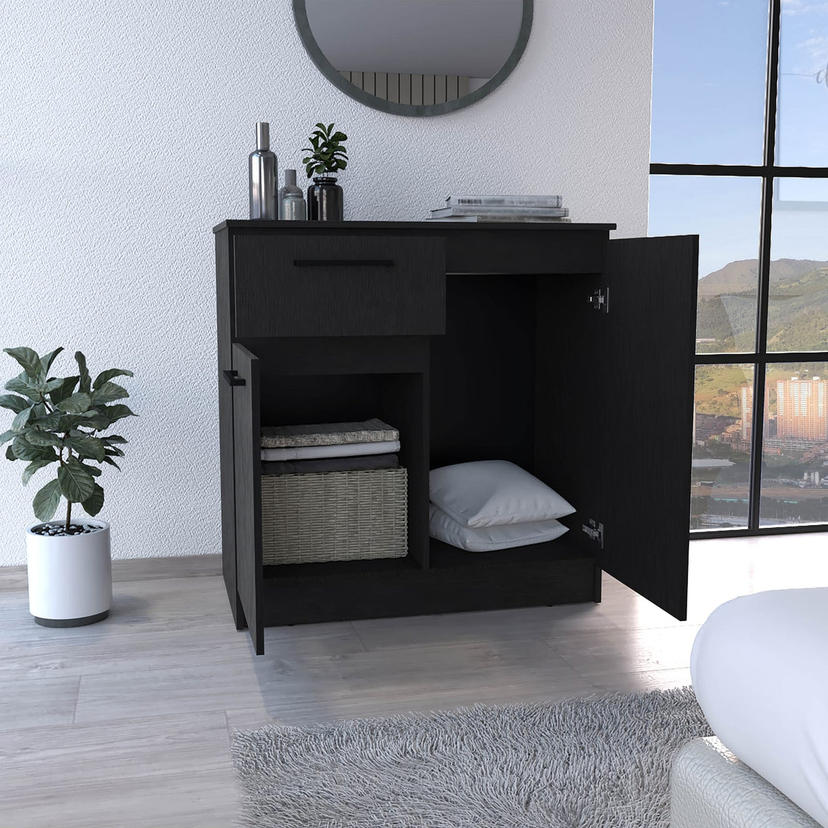 Black Engineered Wood Dresser - 2-Door & Single Drawer for Bedroom