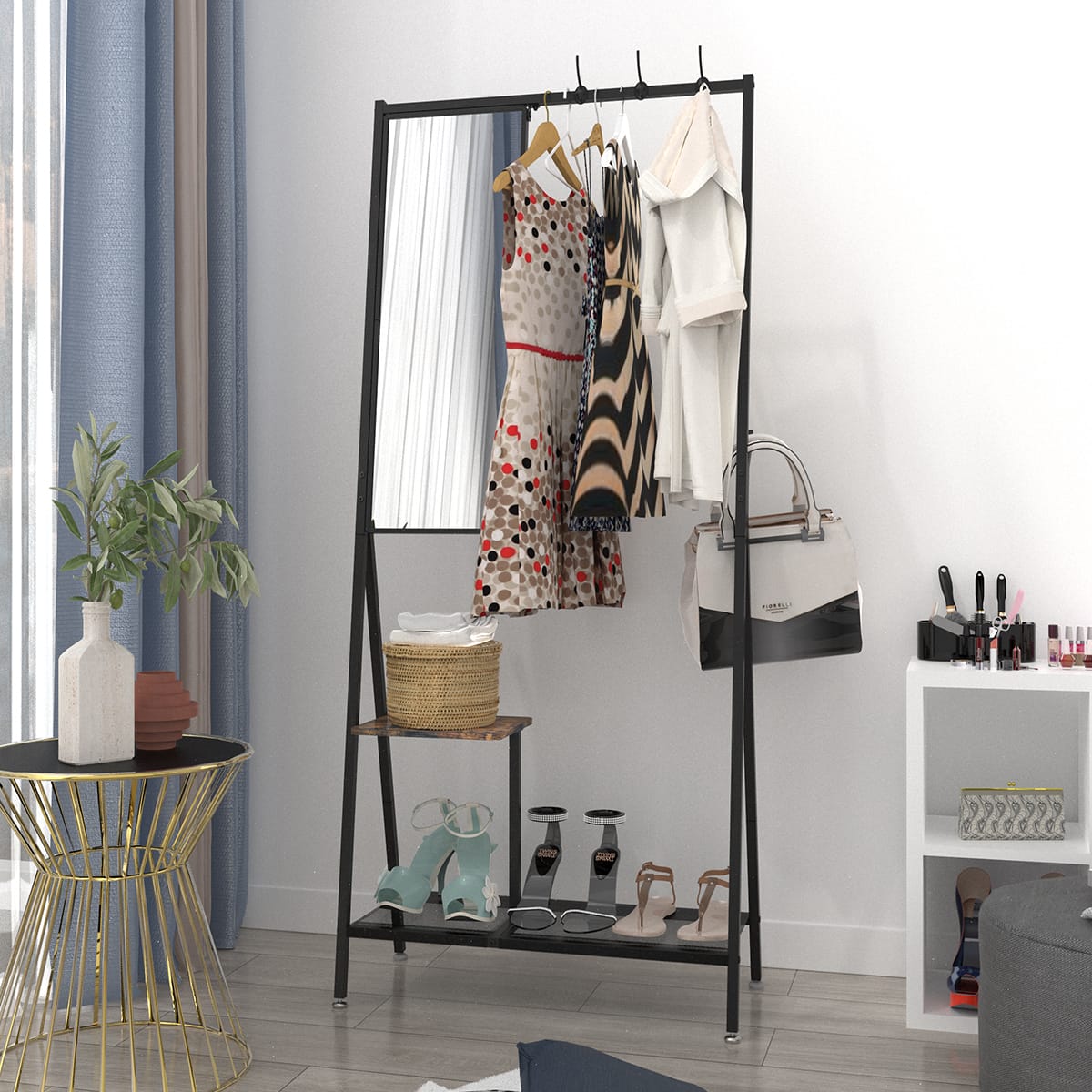 Black Brown Metal Coat Rack with Mirror - 73" Hall Tree