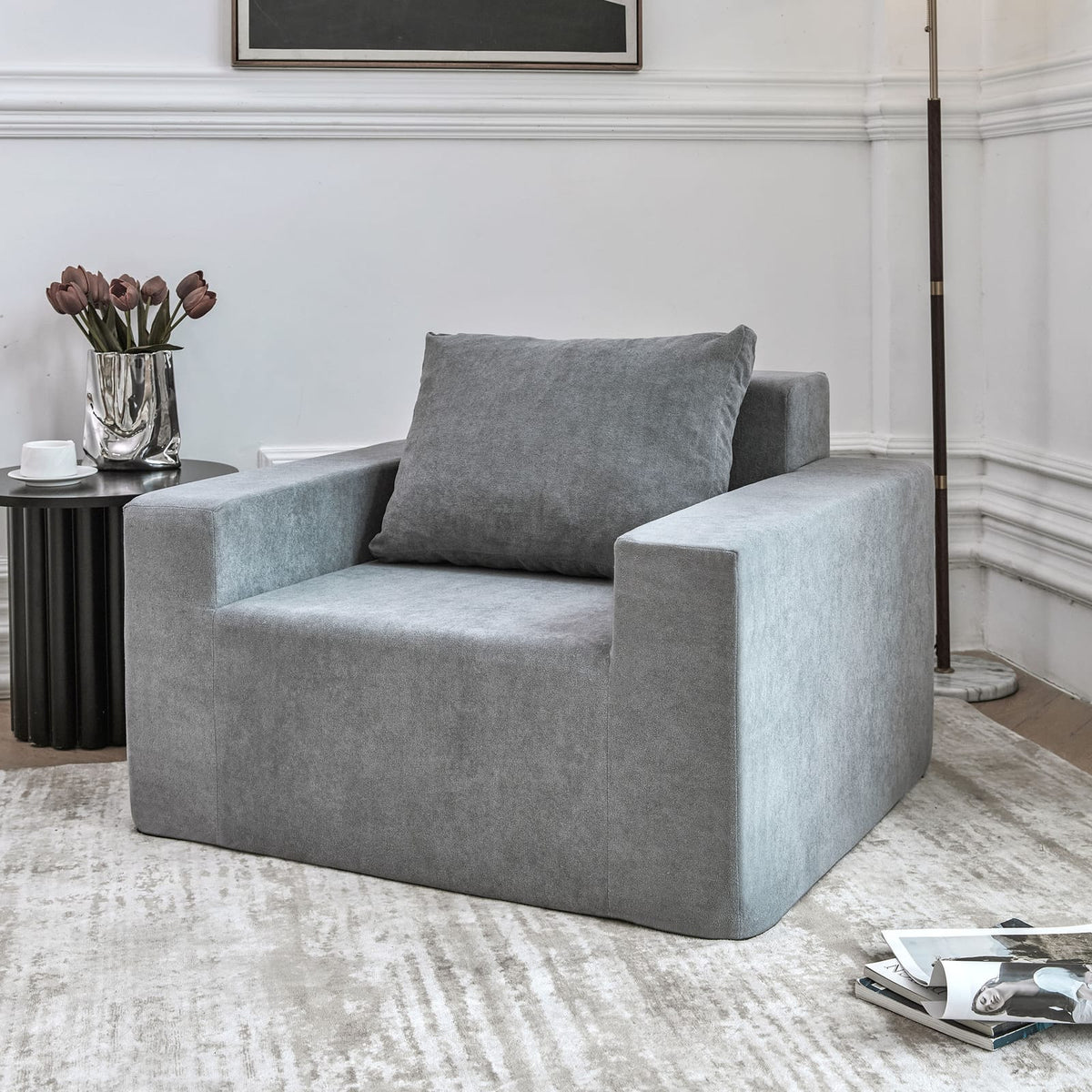 Grey Foam Sofa Couch with Pillow - Boxed Bean Bag for Living Room