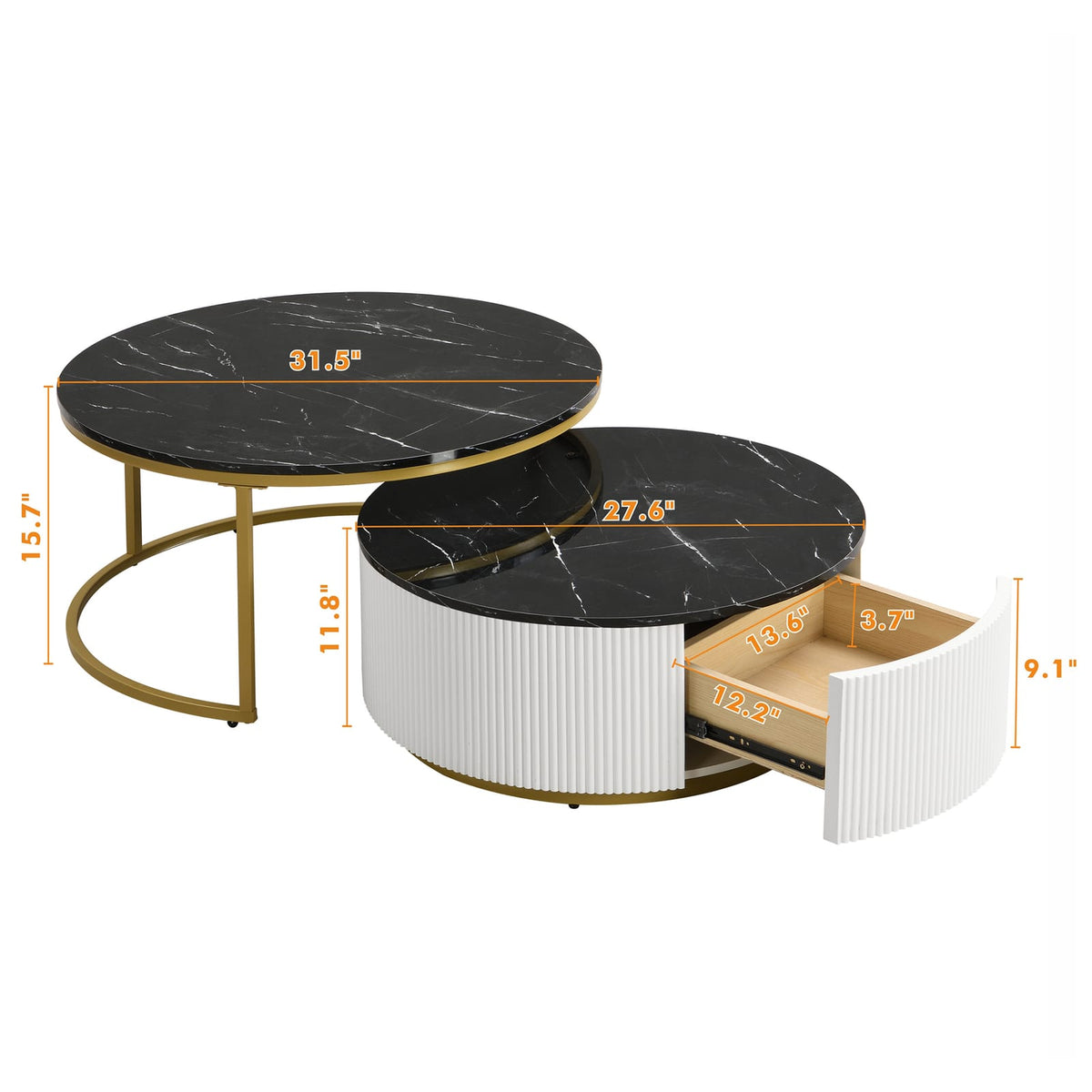 Modern Round Nesting Coffee Table - Golden Black & White