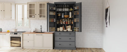 TOPMAX 77" Farmhouse Kitchen Pantry - Gray MDF Storage Cabinet