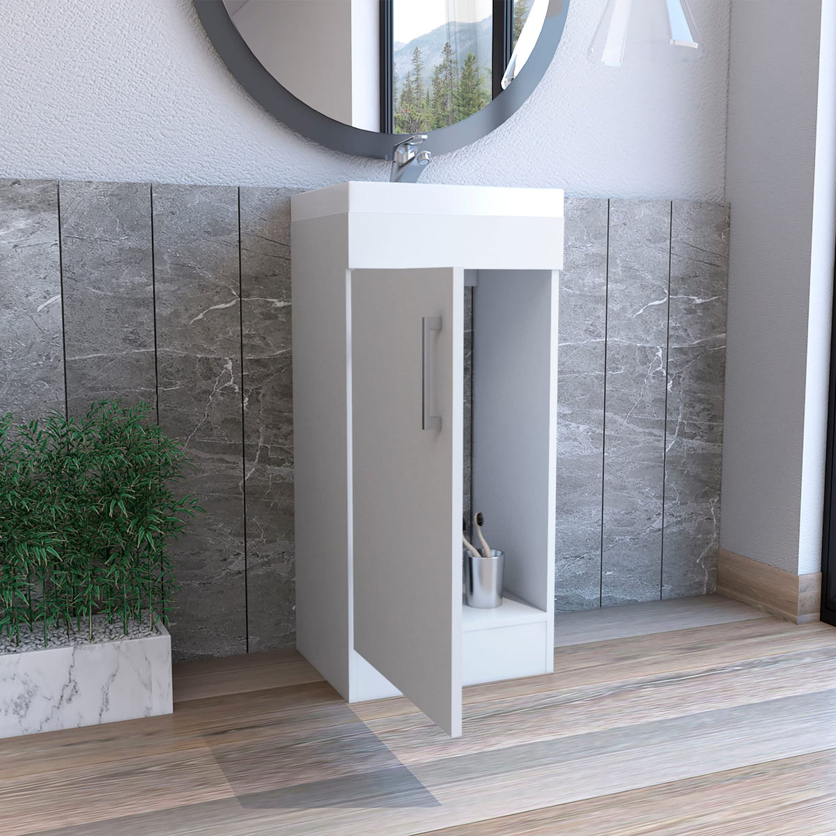 Bathroom Vanity Sink - White Engineered Wood Storage