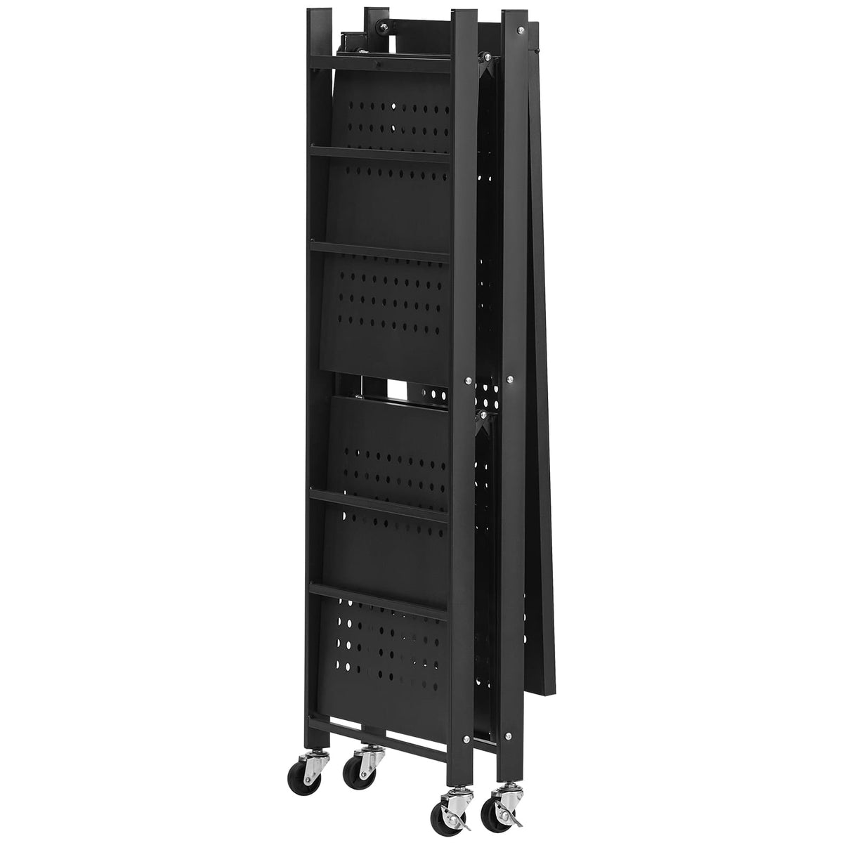 3-Tier Foldable Storage Shelf with Wheels - Black Steel for Living Room