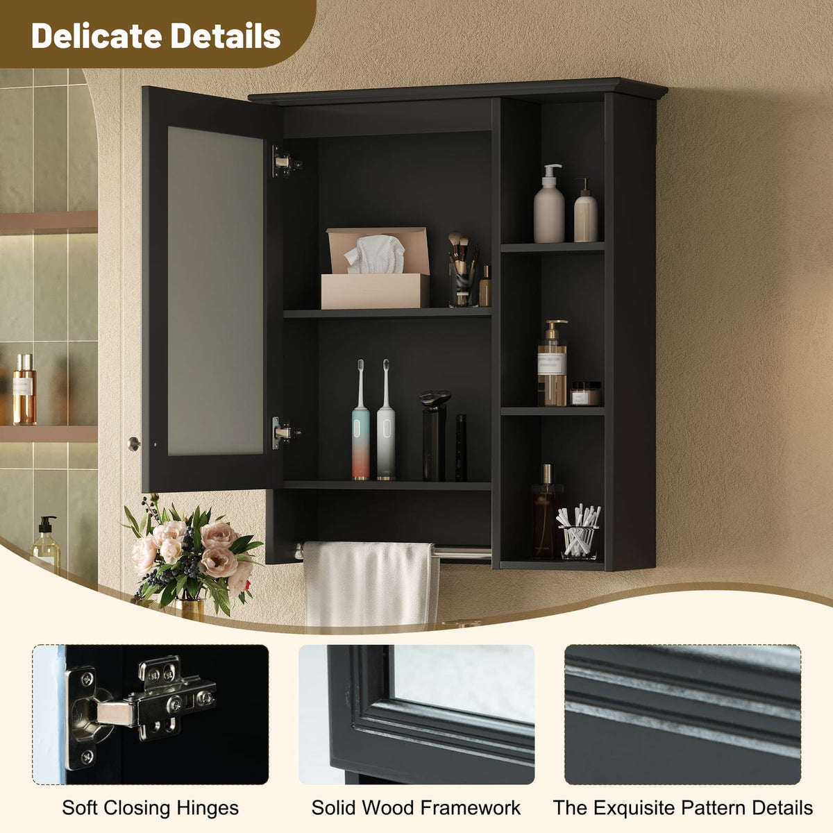Black Bathroom Storage Cabinet - Wall Mounted Mirror Cabinet