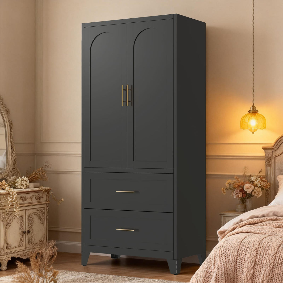 71 Inch Tall Black Steel Wardrobe Cabinet with Drawers