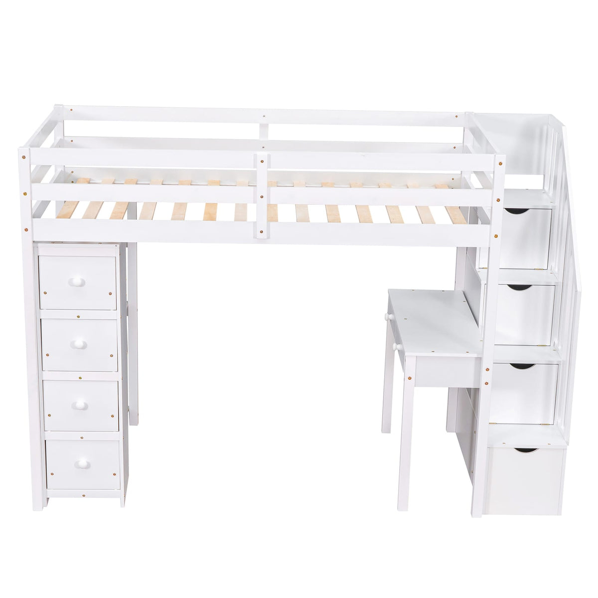 Twin Loft Bed with Storage - White Solid Wood Frame for Bedroom