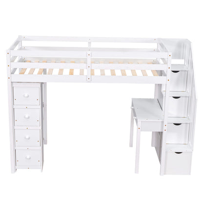 Twin Loft Bed with Storage - White Solid Wood Frame for Bedroom