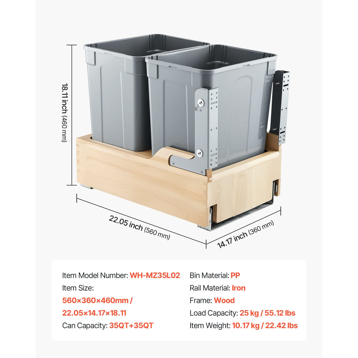 Gray Pullout Waste Container - 2 x 35QT Kitchen Bin