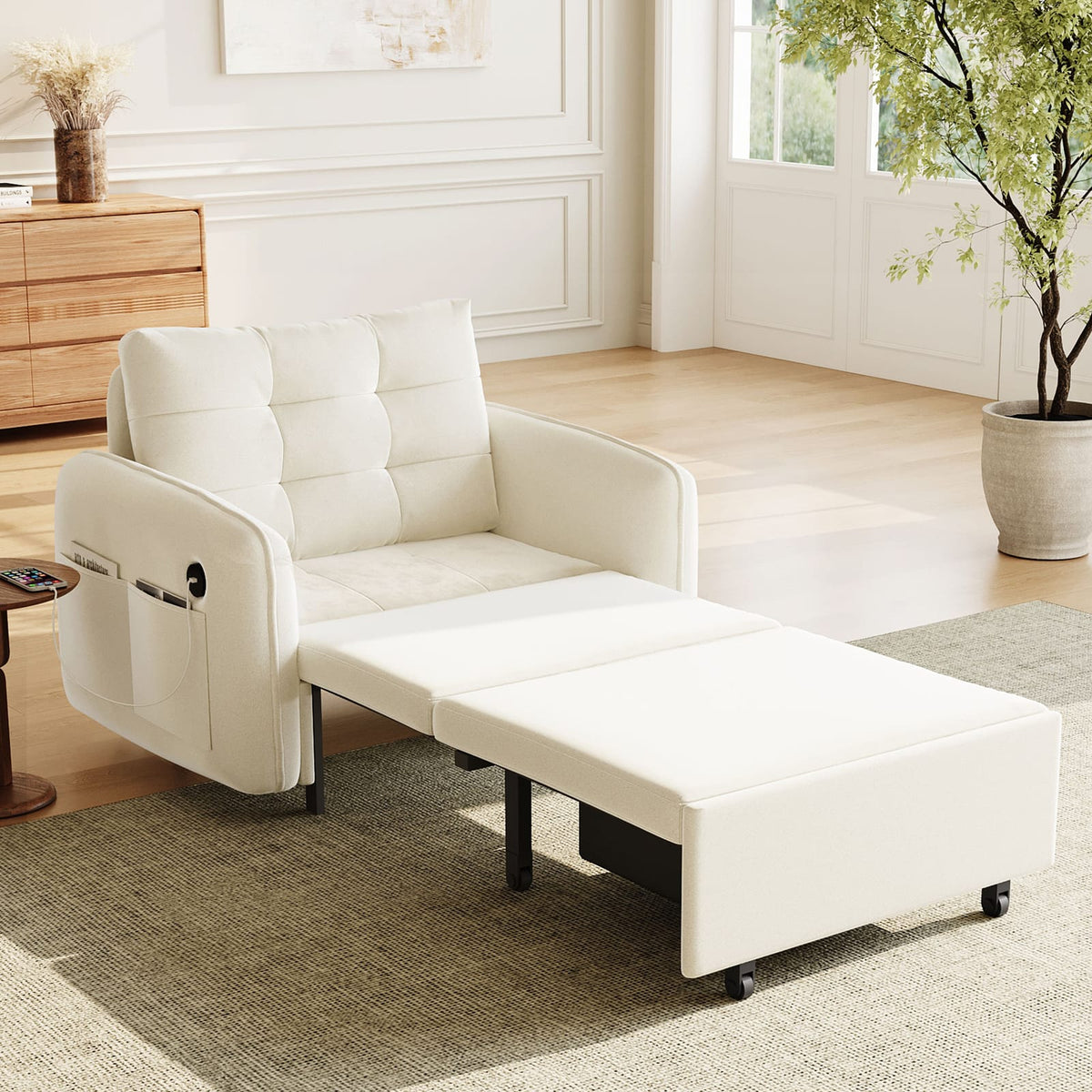 Living Room Beige Chenille Convertible Sofa Bed with Built-in Storage and Charging
