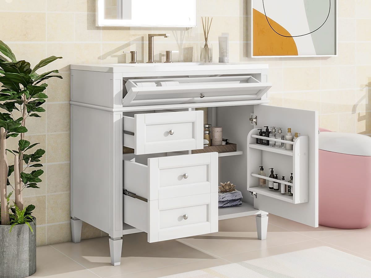 36" White Ceramic Bathroom Vanity with Storage - Modern Design