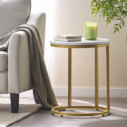 Gold White C-Shaped End Table with Iron Frame for Living Room