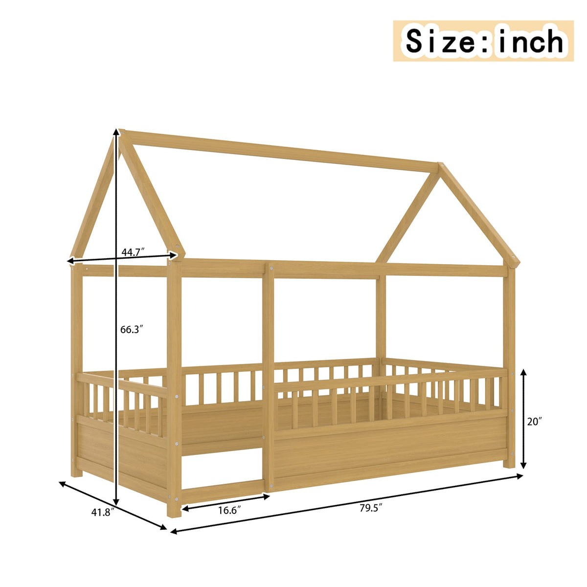 Twin Size Wooden House Bed Frame Natural Pine for Bedroom
