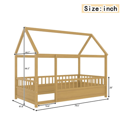 Twin Size Wooden House Bed Frame Natural Pine for Bedroom