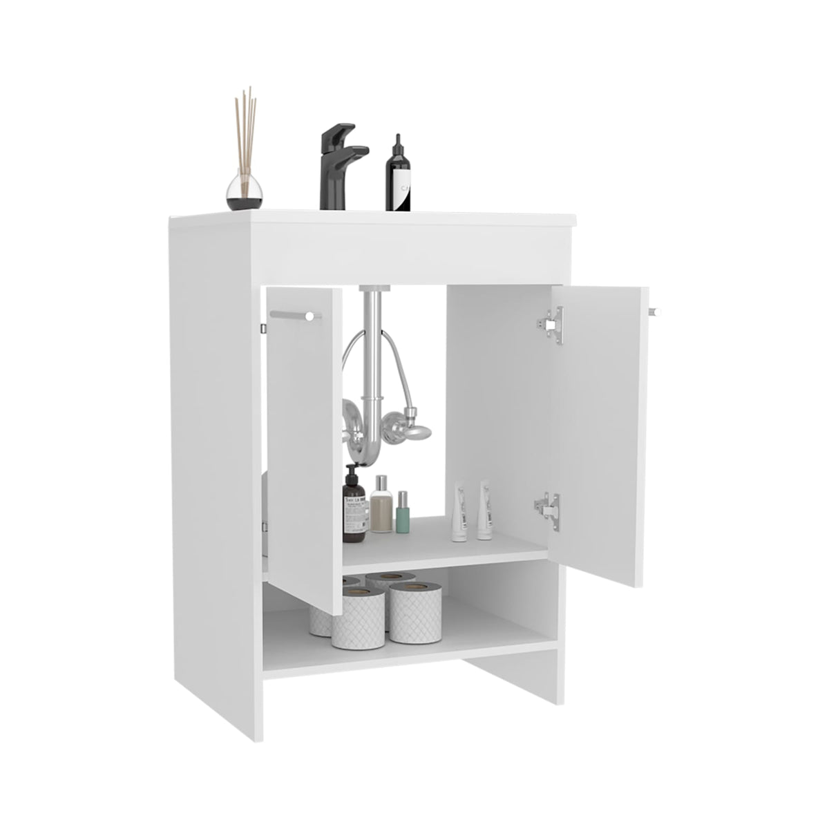 White Bathroom Vanity with Storage Shelves