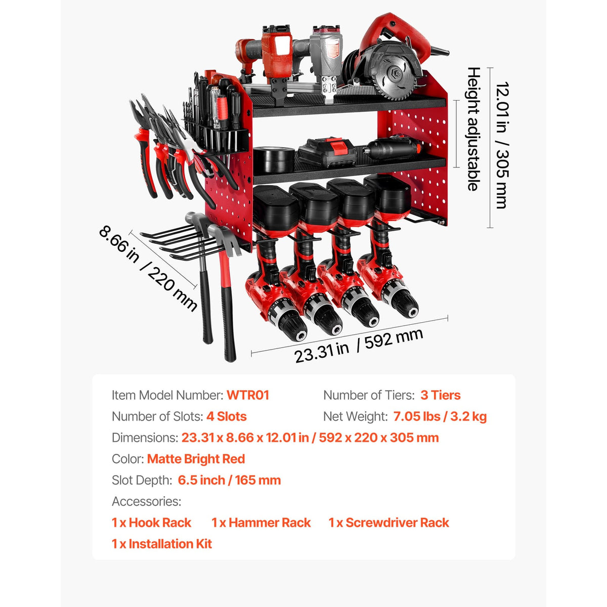 Power Tool Organizer Wall Mount - 3 Tier Red Storage Rack