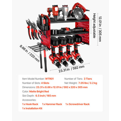 Power Tool Organizer Wall Mount - 3 Tier Red Storage Rack
