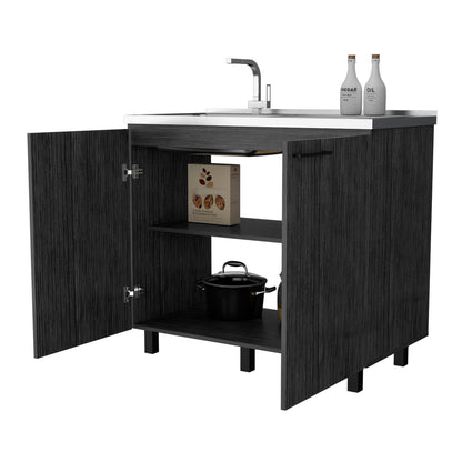 Gray Wood Utility Sink Cabinet with 2 Bowls