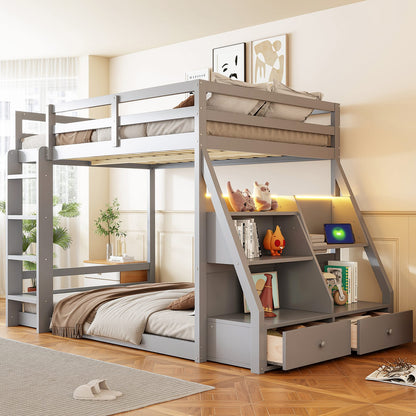 Full Bunk Bed with LED Lights & USB Ports - Gray for Bedroom