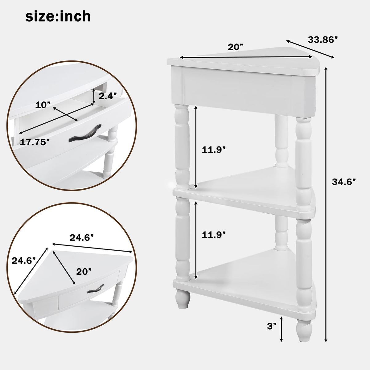 33.8" Small Triangle Corner Table - Milk White Rubber Wood for Living Room