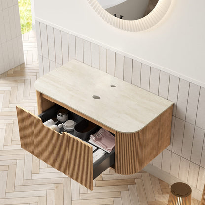 35.8" Beige Bathroom Vanity with Natural Wood Countertop