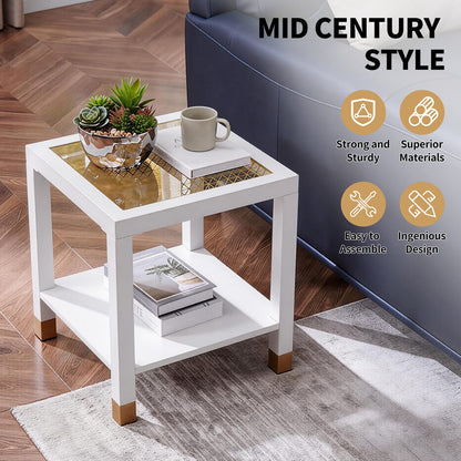 White+Gold Glass End Table - Modern Square Side Table for Living Room