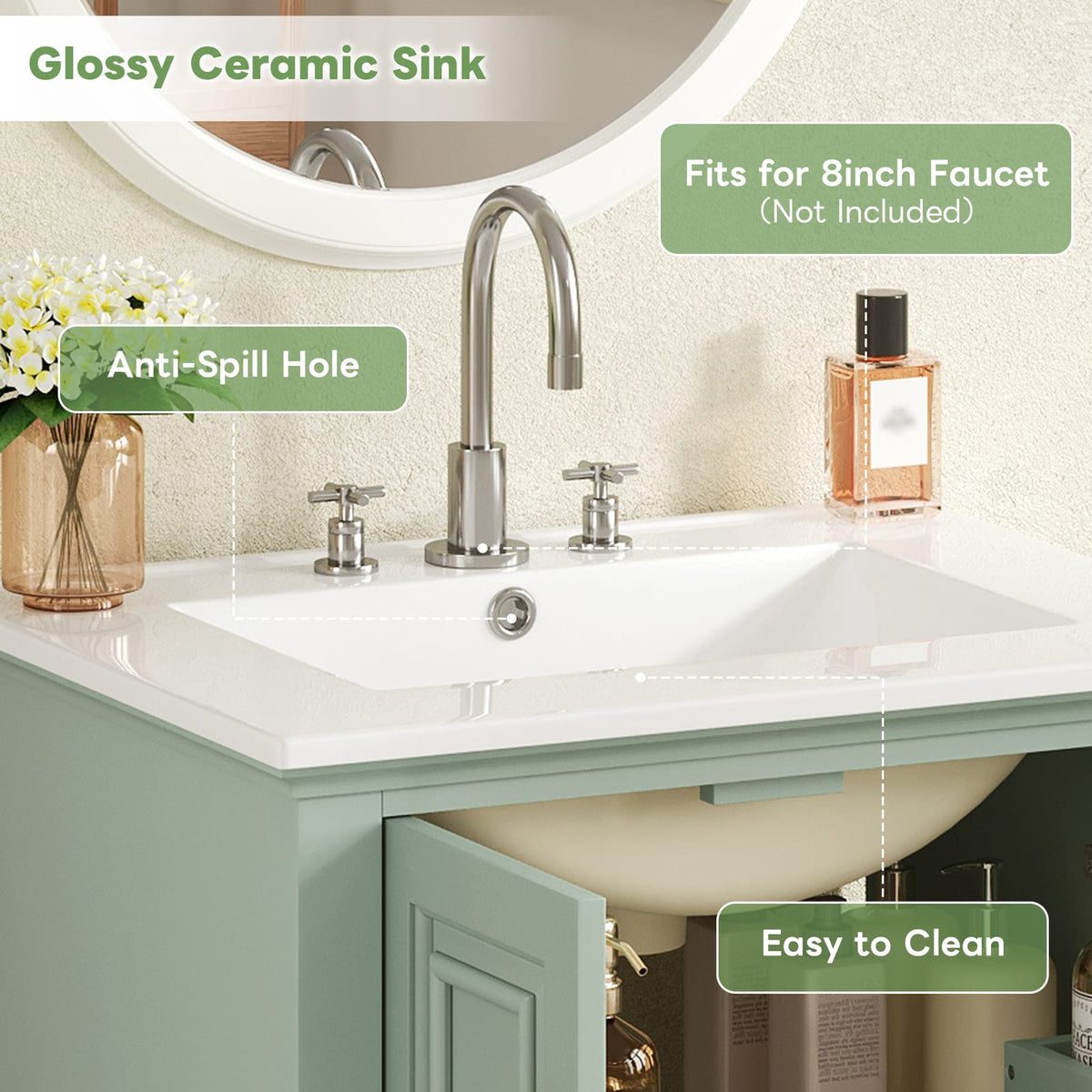Green Bathroom Vanity with Ceramic Sink Storage