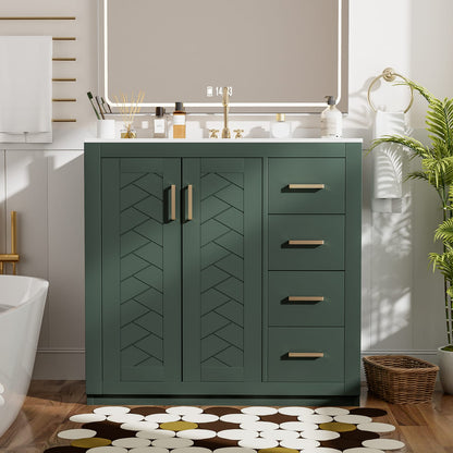 36 Inch Green Bathroom Vanity with Ceramic Sink and Drawers