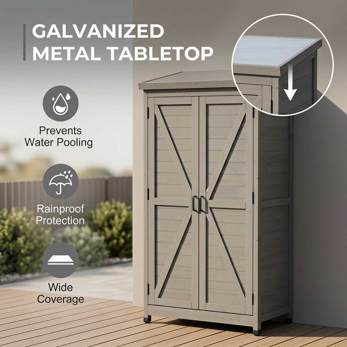 Grey Solid Wood Outdoor Storage Cabinet for Garden Patio Organization
