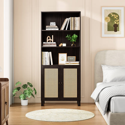 Tall Bookcase with Rattan Doors - 5 Tier Storage, Walnut