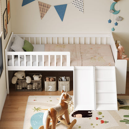 Twin Bed Frame with Storage Shelf - White Wooden Platform Bed