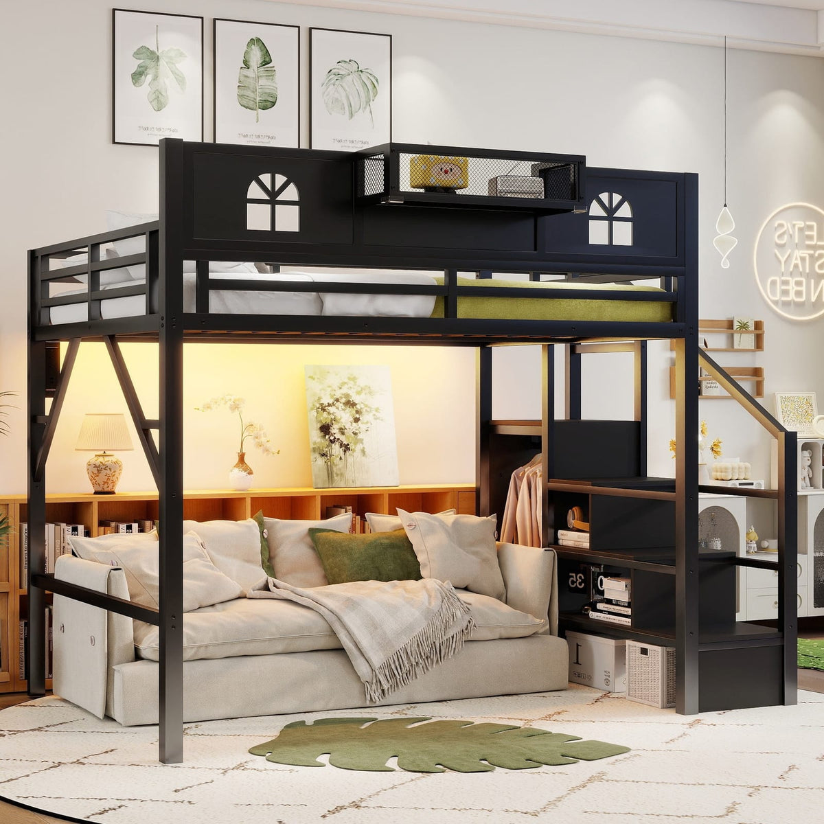 Full Size Metal Loft Bed with Stairs & Storage for Bedroom