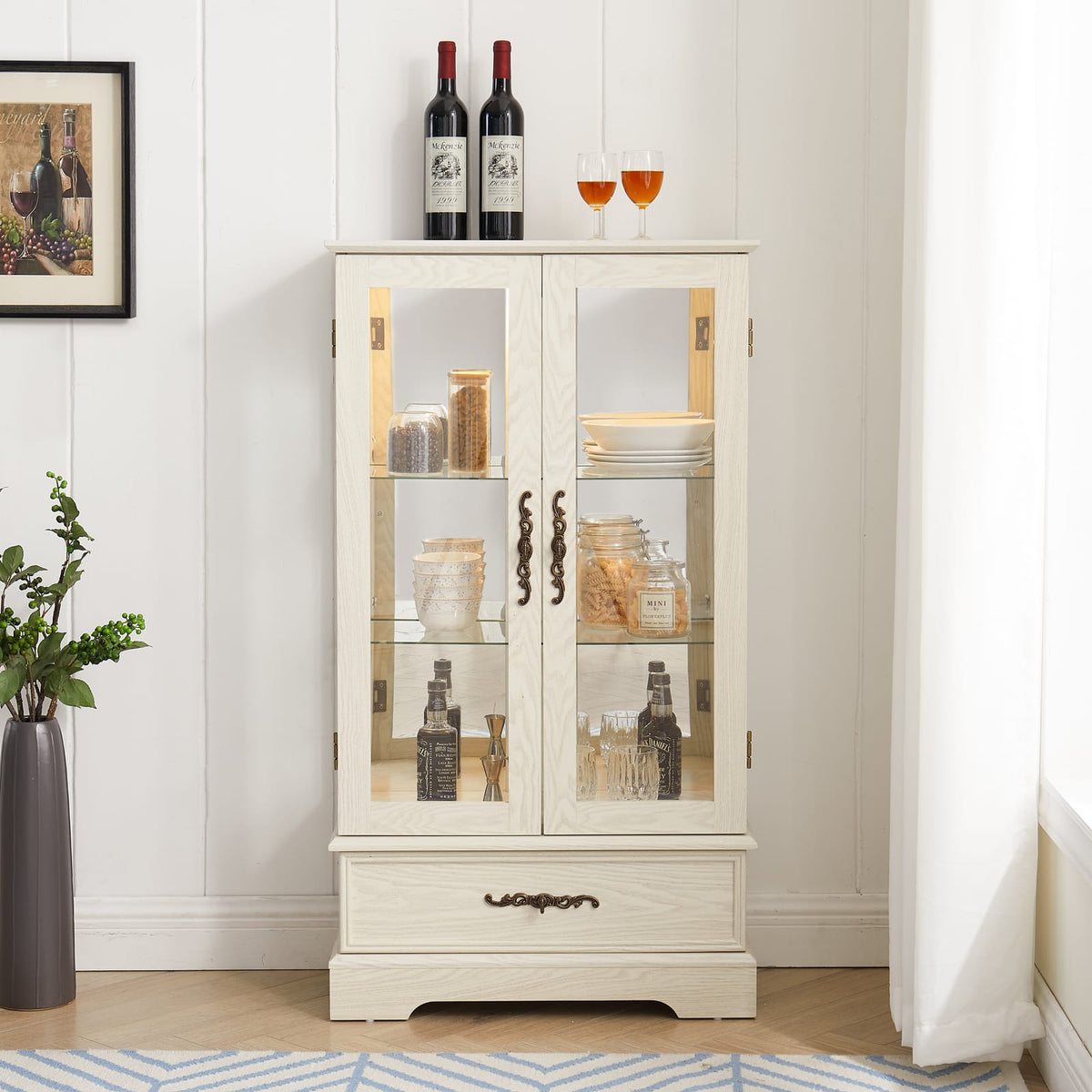 White Glass Curio Cabinet - 25.98"W Storage Display Cabinet