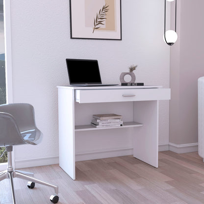 White Computer Desk with Drawer & Shelf - Compact Workstation for Home Office