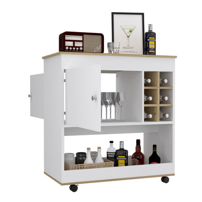Light Oak Bar Cart - 6 Bottle Storage, Lower Panel Design