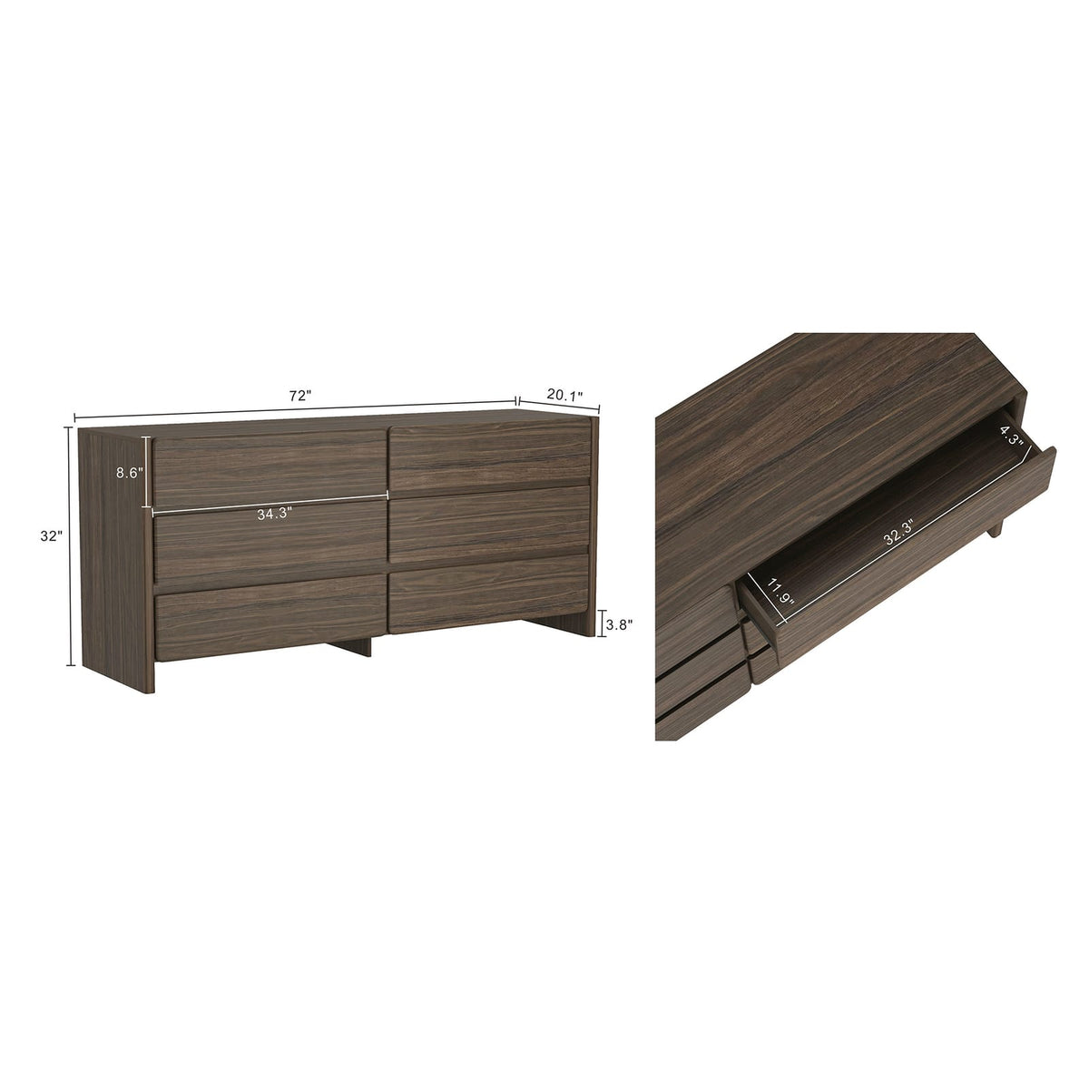 Walnut Brown Double Dresser with 6 Drawers for Bedroom Storage