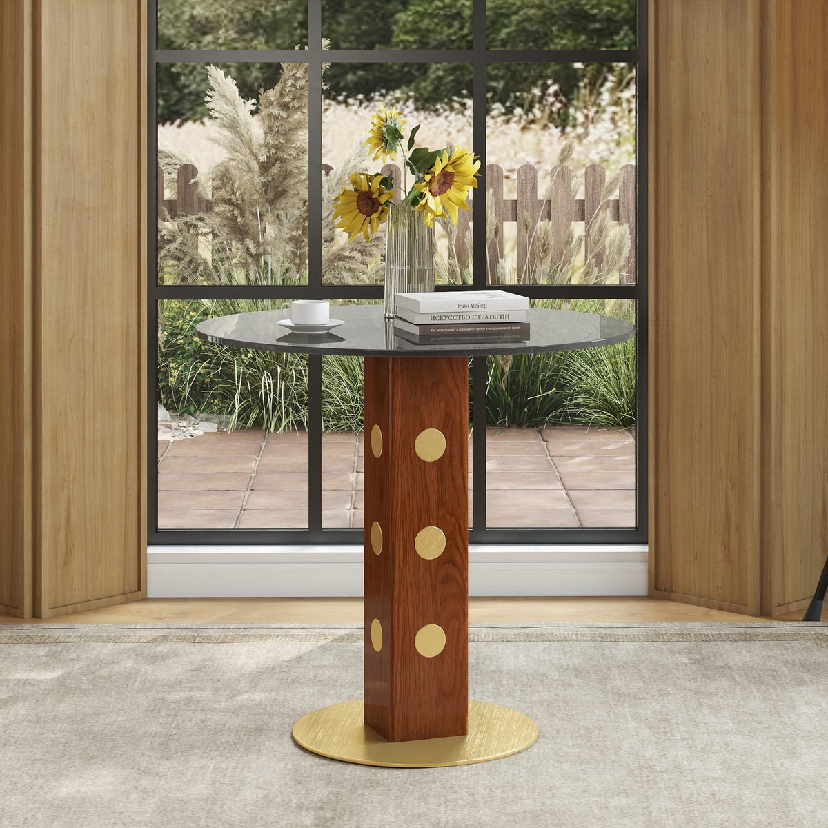 Modern Round Dining Table - 33.5" Tempered Glass, Walnut Wood