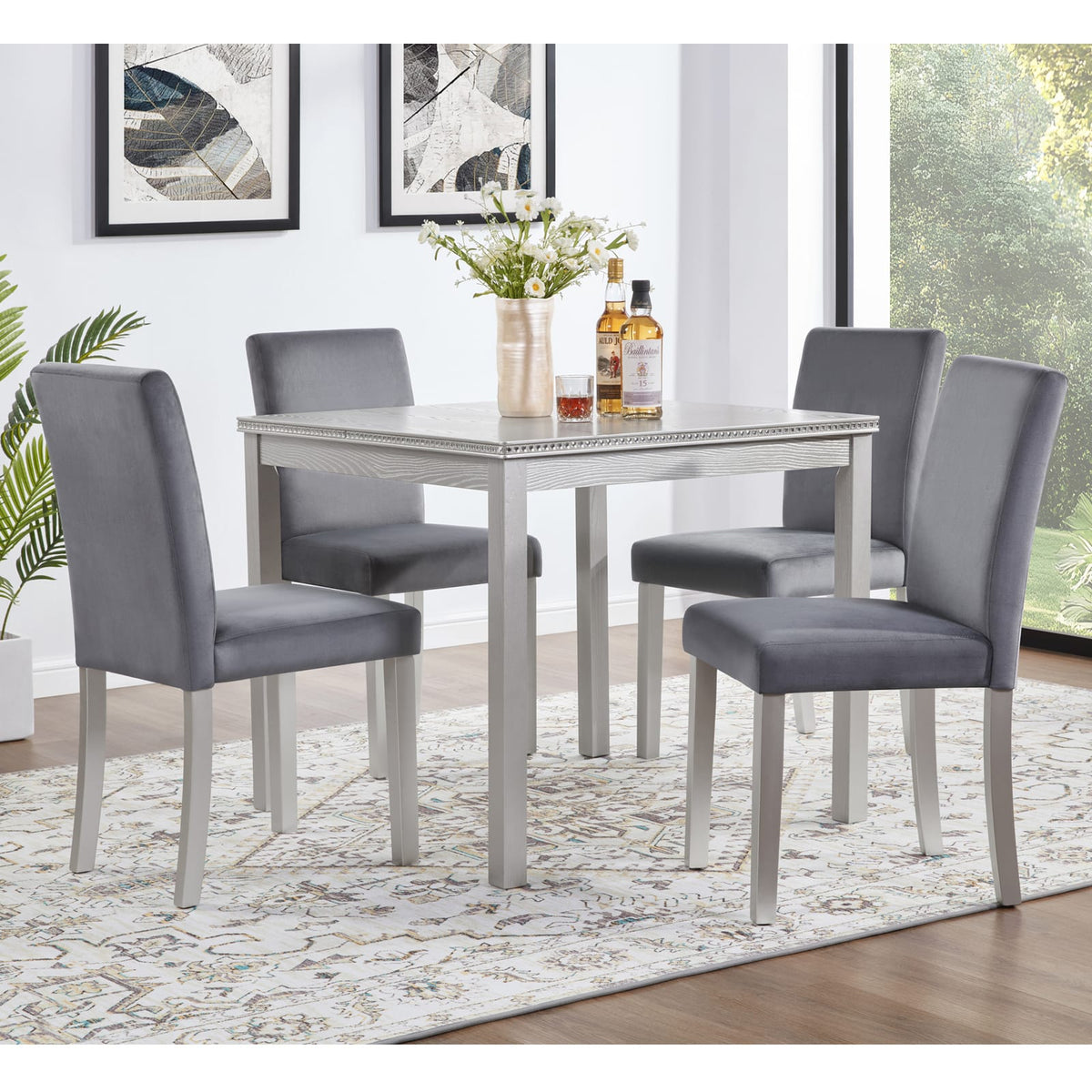 Silver Grey Square Dining Table Set - 4 Chairs