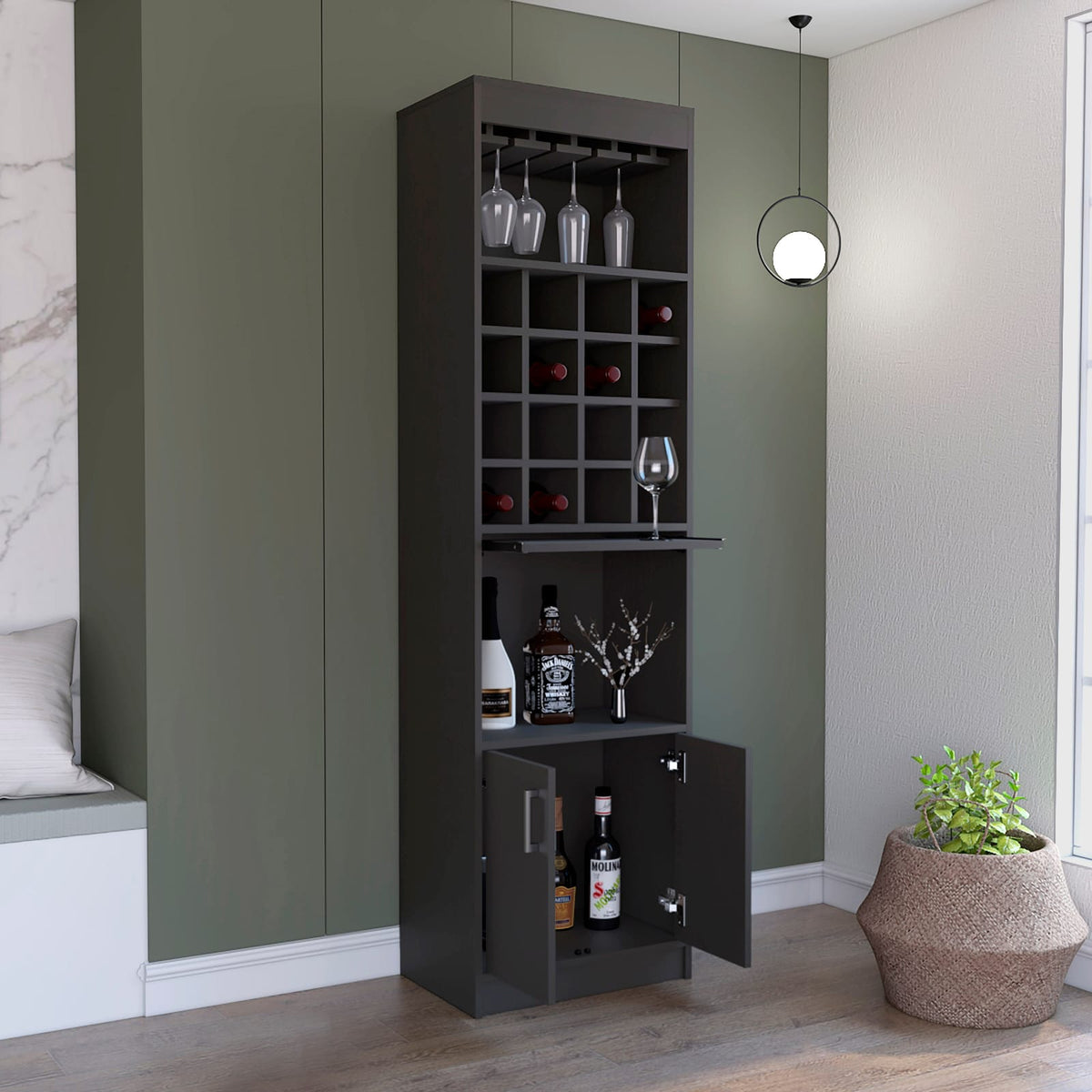 Kava Bar Cabinet - 16 Wine Rack, Black Storage