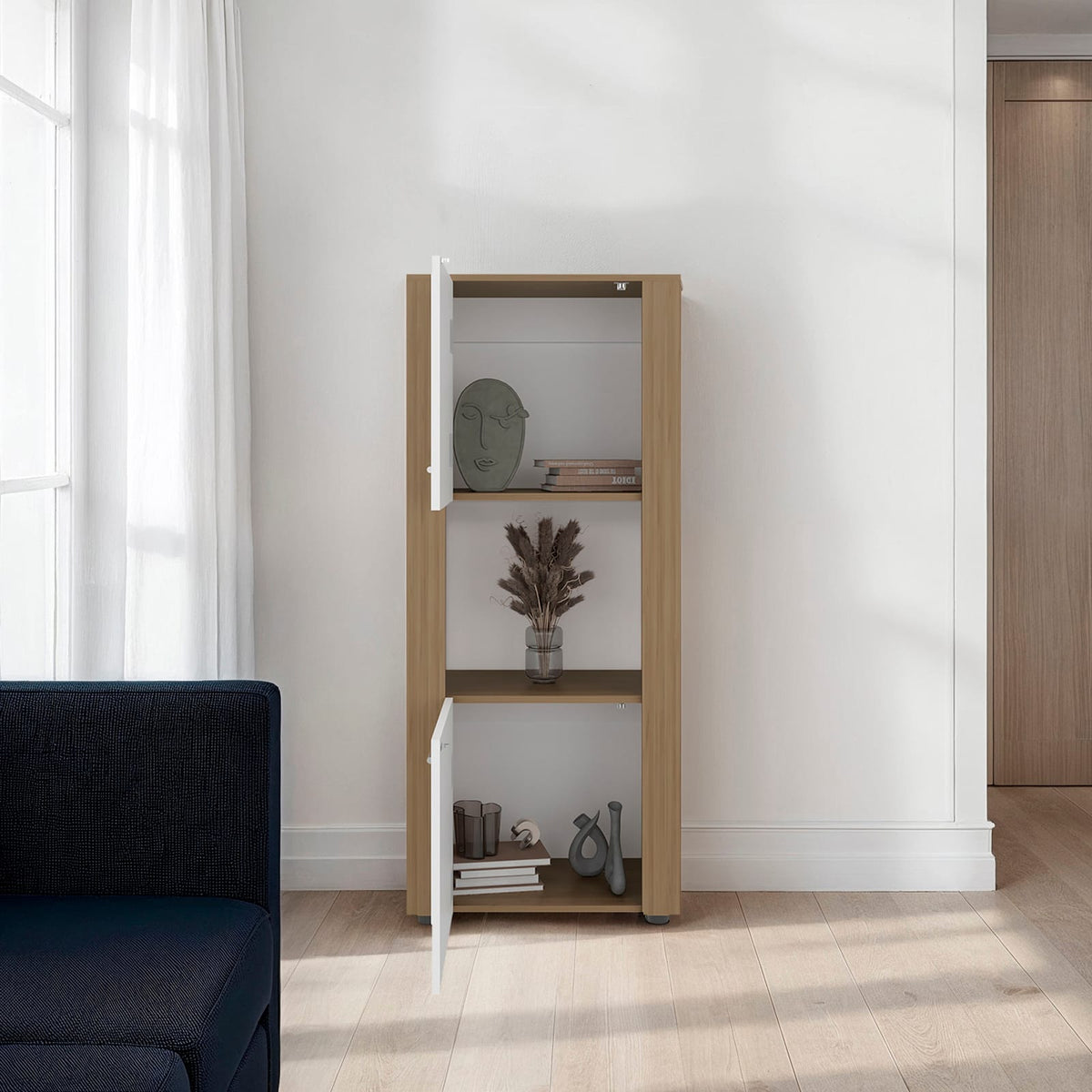 53" Natural White Engineered Wood Bookcase with Doors & Shelves for Living Room